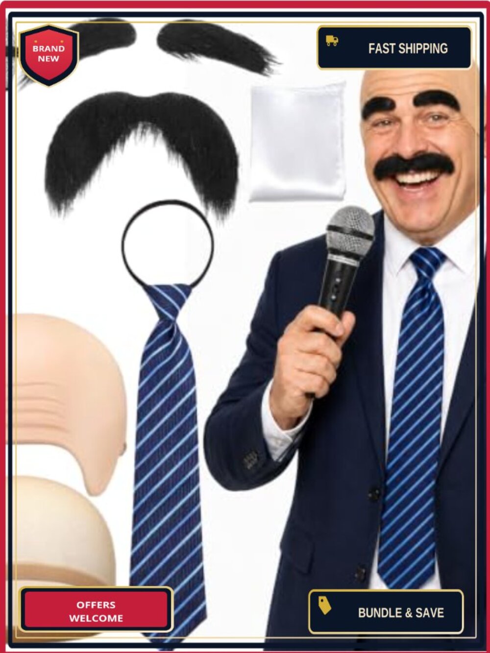 Speaker Costume Set Bald Cap Mustache Microphone Tie 6Pc Party